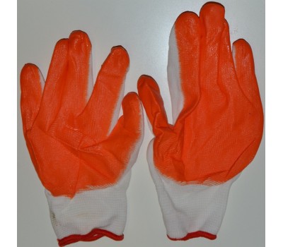 Перчатки рабочие с толстой нейлоновой резиновой ладонью Белые облитые Оранжевые