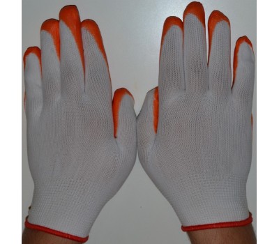 Перчатки рабочие с толстой нейлоновой резиновой ладонью Белые облитые Оранжевые