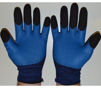 Перчатки вспененный латексный облив синие с черными пальцами, размер 10